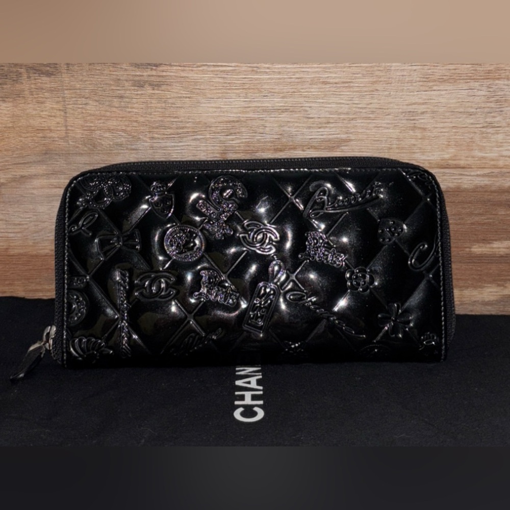 Chanel Maltase Lucky Symbols Patent Leather Zip Around Wallet Dust Bag